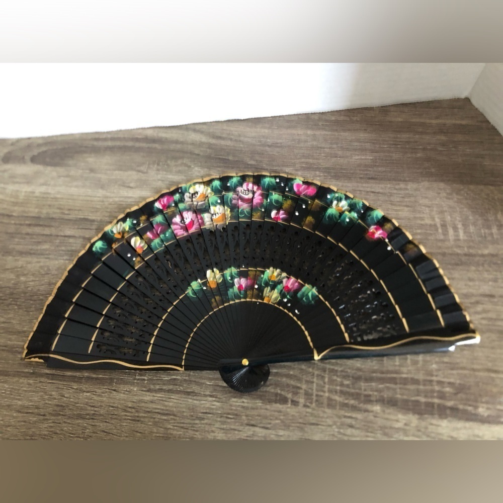 Elegant Black Floral Hand Painted Fan